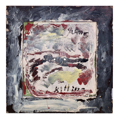 Purvis Young, Killing, 1983, house paint on found wood, 15x14 inches. Courtesy of Aliona Ortega Fine Art