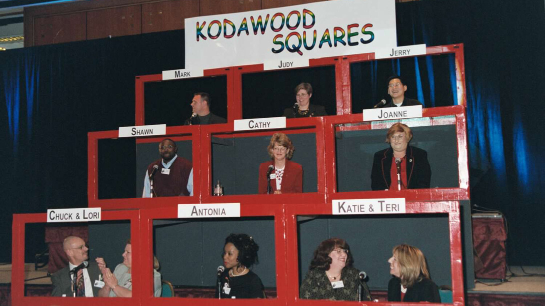 Lambda members and allies perform a skit based on
the popular TV quiz show, Hollywood Squares, at the
2002 Lambda Network at Kodak's Annual Education
Event with Management (detail). Courtesy of George Eastman Museum