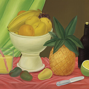 Fernando Botero, Still Life, 1983, Signed and dated “Botero, ‘03 “ lower right, Oil on canvas, 42 1/4 x 59 1/8 in.  107.3 x 152.1 cm.