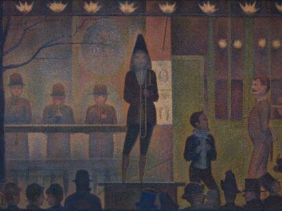 Georges Seurat (French, Paris 1859-1891 Paris), Circus Sideshow (Parade de cirque), 1887–88, Oil on canvas, 39 1/4 x 59 in. (99.7 x 149.9 cm). The Metropolitan Museum of Art, New York, Bequest of Stephen C. Clark, 1960 (61.101.17)
