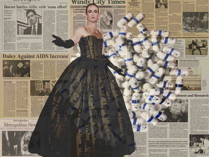 Survival AIDS Series 2 (ACT Up Chicago with Memorial Dress photographed by Maxine Henryson) 2015, archival c-prints and thread, 48 x 60 inches, copyright Hunter Reynolds, courtesy PPOW Gallery