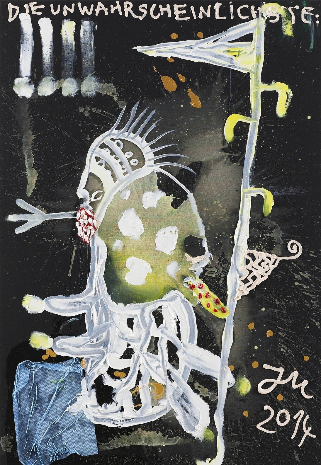 Jonathan Meese, "ICH ZICK, BESTEIG' "PIZZ-STINKI", OHNE'N SCHEISS… (ZACK-OH-BILLYTY)" 2014, oil, acrylic and mixed media on canvas, 210.4 x 140.3 x 3.3 cm, 82 7/8 x 55 1/4 x 1 1/4 ins, Copyright the artist; Courtesy the artist and Stuart Shave/Modern Art, London