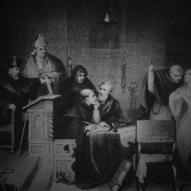A young woman, distressed, pleads her innocence in prayer before the judge and counsel of the Spanish Inquisition. Aquatint by J. P. M. Jazet after S. J. E. Jones, 1839