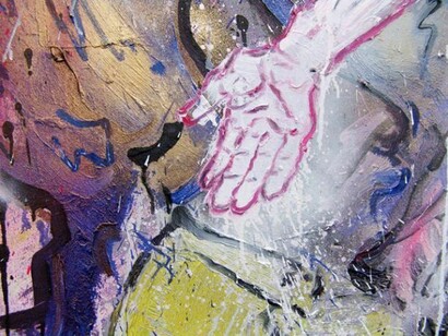 Shanna Waddell, "River Phoenix – Light Vehicle" 2013 (detail). Oil, spray paint, glow in the dark paint and glitter on canvas, 73.5 x 93 in. Courtesy the artist and Thomas Erben Gallery, New York.