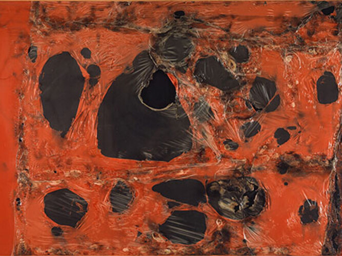 Alberto Burri, Rosso plastica M 2 (Red Plastic M 2), 1962. Burned plastic on canvas, 120 x 180 cm. Private collection © 2014 Artists Rights Society (ARS), New York / SIAE, Rome