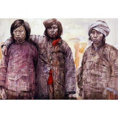 Comrade in Arms, 2000, oil on canvas , 78x114 inches, image courtesy Turner Carroll Gallery, © Hung Liu Estate/Artist Rights Society (ARS), New York