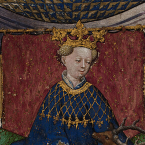 Queen of Stags, from The Stuttgart Playing Cards (Das Stuttgarter Kartenspiel)
German, Upper Rhineland, ca. 1430
Paper (six layers in pasteboard) with gold ground and opaque paint over pen and ink
7 ½ × 4 ¾ in. (19.1 × 12.1 cm)
Landesmuseum Württemberg, Stuttgart (KK grau 15)
Image: © Landesmuseum Württemberg, Stuttgart, photo: H. Zwietasch
