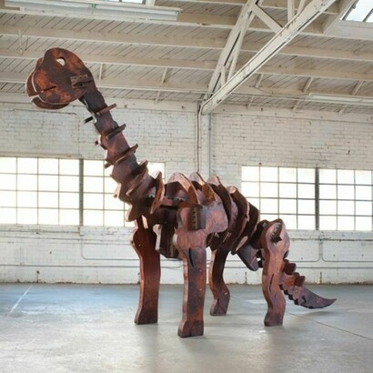 Matt Johnson, Baby Dinosaur (Apatosaurus), 2013, Salvaged old growth redwood, and stainless steel, 294.6 x 513.1 x 121.9 cm / 116 x 202 x 48 ins, Copyright The Artist, Courtesy Alison Jacques Gallery, London