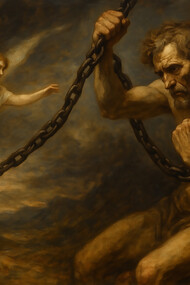 A symbolic artwork of the human struggle with chains of desire and fear, reaching toward transcendence and the fragile possibility of freedom