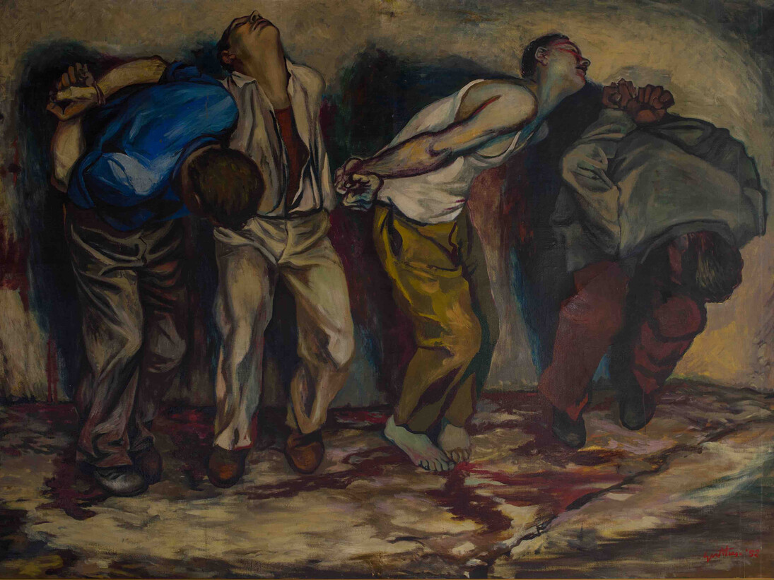 Renato Guttuso, Grecia 1952, 1952 (altri titoli con i quali il dipinto è noto: Fucilazione di patrioti (?); Fucilazione di Nicola Beloyannis). Olio su carta applicata su tela, 143 x 210 cm