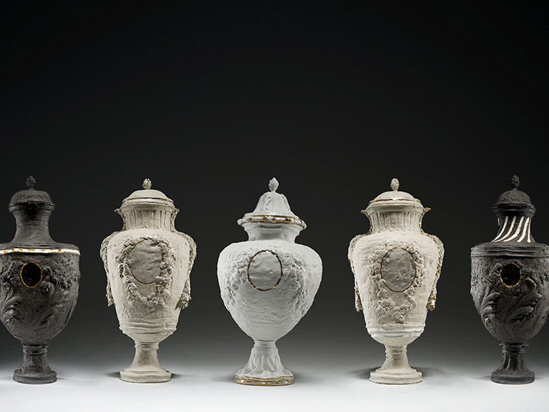 Amy Hughes, Tresor Decouvert Series, 2010, grogged stoneware bodies, transparent glaze and gold lustre detailing, 45 x 25 cm