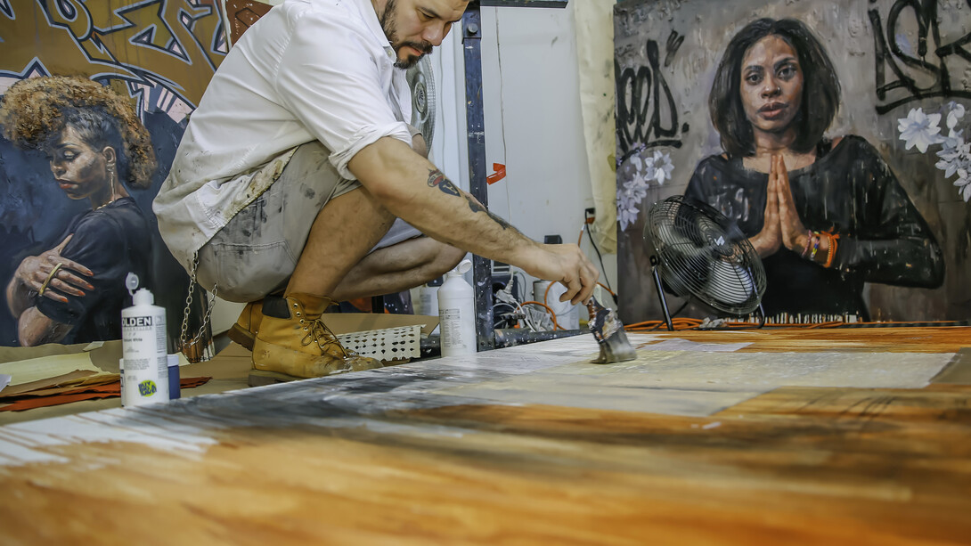 Tim Okamura working in studio. Photo credit: Josh Reynolds