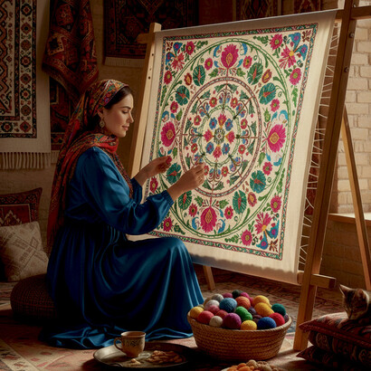 An Uzbek master craftswoman skillfully embroiders a suzani-style tablecloth, carrying forward this centuries-old handmade art