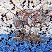 Andrew Schoultz, Engulfed Ship (Black Flags) (2013), Acrylic And Collage On Canvas Over Panel, 36h x 48w in (91.44h x 121.92w cm)