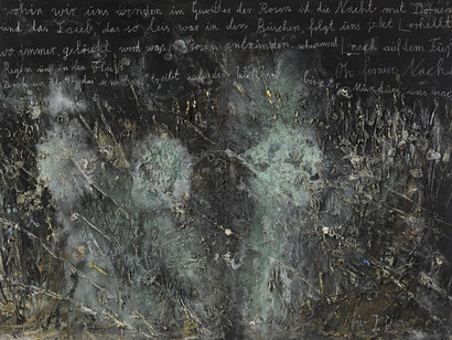 Anselm Kiefer, wohin wir uns wenden im Gewitter der Rosen, 2014, Acrylic, emulsion, oil, shellac, chalk and sediment of electrolysis on photograph mounted on canvas, 280 x 380 cm (110,24 x 149,61 in), Courtesy Galerie Thaddaeus Ropac, Paris/Salzburg © Anselm Kiefer, Photo: Ulrich Ghezzi
