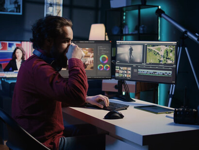 A photo editor works meticulously at his desk, carefully crafting visuals that translate cultural insights into meaningful, impactful imagery for Death to Stock’s global audience