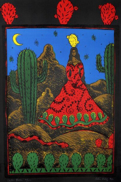Patssi Valdez, Cactus Queen, 1992, Stone lithograph on Arches Paper, 30 x 22 in, 76.2 x 55.9 cm, Edition 88 of 100
