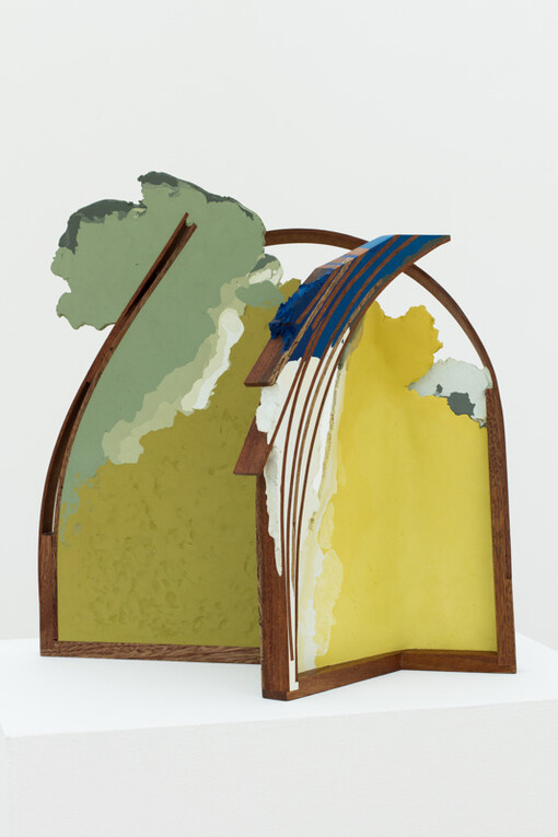 Christian Maychack, Set Up (CF40), 2014, Epoxy clay, pigment and wood, 18 x 18 x 12 in.