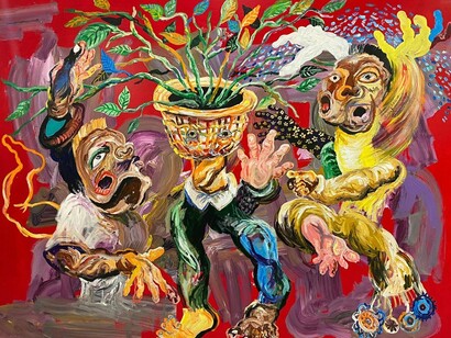 Cristiano Mangovo, Family (detail), 2023. Motivators, 2023. Acrylic on Canvas. 58 x 73.50 inches © Cristiano Mangovo. Courtesy of Allouche Gallery and the artist.