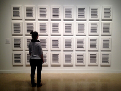 Scott Blake é um artista inovador que utiliza códigos de barras em suas obras. suas criações desafiam percepções comuns e exploram temas como consumo em massa e a cultura de mercantilização. Exposição I am What I Eat do artista Scott Blake no Ulrich Museum Of Art em Wichita, Kansas, Estados Unidos