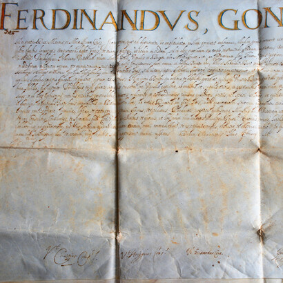 Concessione di esenzione e immunità perpetua da parte di Ferdinando Gonzaga a Pandolfo feudatario di Vignale durante la Guerra con i Savoia (1619), Pergamena con sigillo (ASAL, Archivio Callori, 4)