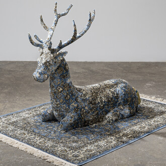 Debbie Lawson, Seated Stag (detail), 2023, Carpet and mixed media, 39½ x 43 x 18½ in. Courtesy of the artist and Sargent's Daughters Gallery