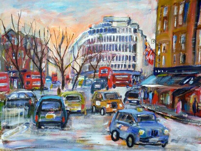 Josephine Chisholm, Winter Sunset Over Slone Square, acrylic on canvas, 39 x 53 cm