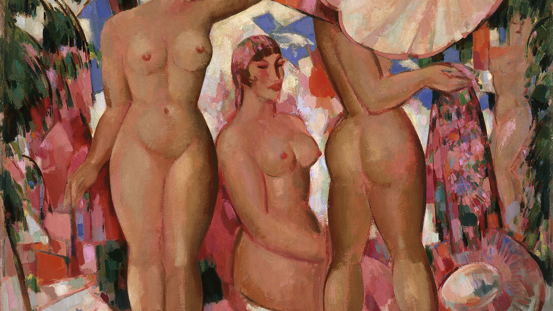 John Duncan Fergusson, Bathers, the Parasol, 1951, Oil on, canvas, The Fergusson Gallery, Perth & Kinross Council, presented, by the J.D. Fergusson Art Foundation (1991), © The Fergusson Gallery, Perth & Kinross Council, Scotland