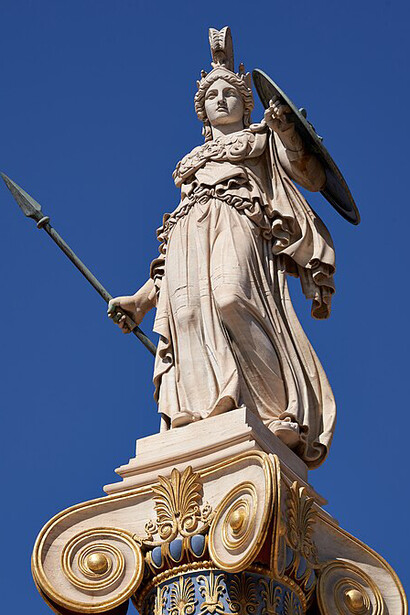 The iconic statue of Athena standing before the Academy of Athens in Athens, Greece