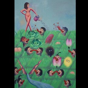 Wo Xinyu, Miss Wonderful's Incredible Garden, 2022, oil on canvas, 24x36 inches. Courtesy of the artist and VillageOneArt Gallery