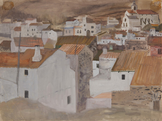 David McClure, Spanish Village and Church II, 1953, gouache, 39 x 52 cm