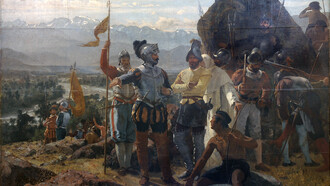 Pedro Lira's 1889 painting of the founding of Santiago by Pedro de Valdivia at Huelén Hill