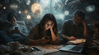 Individuals absorbed in screens and thought, reflecting isolation, information overload, and the quiet erosion of collective thinking