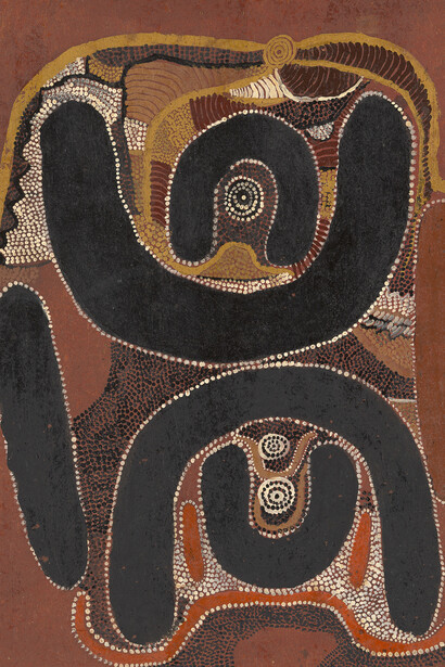 Mick Wallangkarri Tjakamarra, Old man's dreaming on death or destiny (detail), 1972. Courtesy of The Estate of Mick Wallangkarri Tjakamarra, licensed by Aboriginal Artists Agency Limited and Copyright Agency, Australia