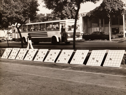 Eugenio Espinoza, Untitled, 1971, Installation view Sala Mendoza, Caracas, 1971, Ten screenprints on wooden boards, 39-3/4 x 29-1/2 inches each, Image courtesy the artist