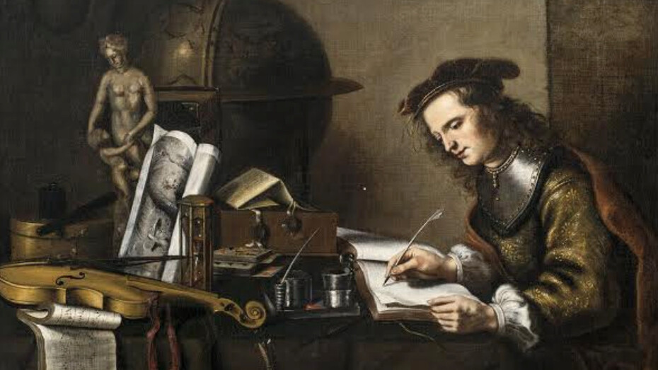 Christian van Donck (siglo XV). «Joven escribiendo en una mesa cubierta con un mantel, junto a un globo terráqueo, una estatua, un violín, un reloj de arena, naipes, un libro, tinteros, un documento y otros objetos», óleo sobre lienzo, hacia 1653. Lawrence Steigrad Fine Arts, Nueva York, EE.UU.