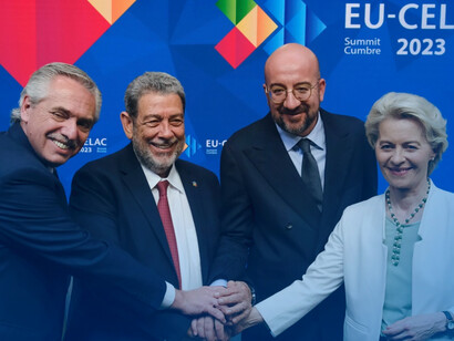 From left: Argentine President Alberto Fernandez, St. Vincent and the Grenadines Prime Minister Ralph Gonsalves, European Council President Charles Michel, and European Commission President Ursula von der Leyen