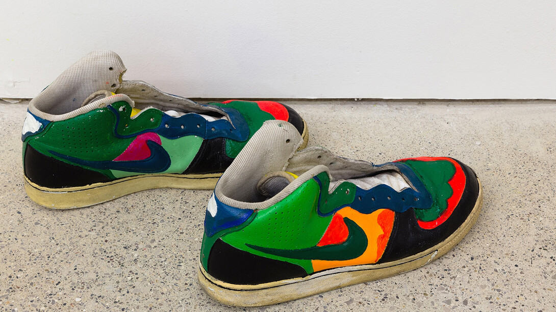 John Olson,
Untitled, 2013,
Acrylic paint on used athletic shoes,
15.24 x 30.24 x 12.7 cm,
(in. 6 x11 7⁄8x5 )