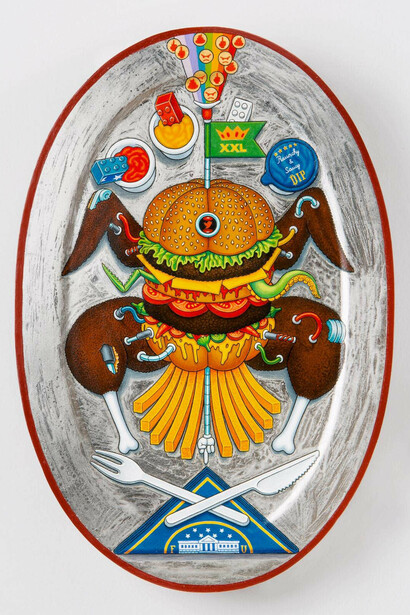 Alexandar Todorovic, "#FFF crib silver plate special", egg tempera, palladium and gold leaf on wood board, 27x40x5cm, 1,5kg, 2019 ©Copyright by the artists and Galerie Droste