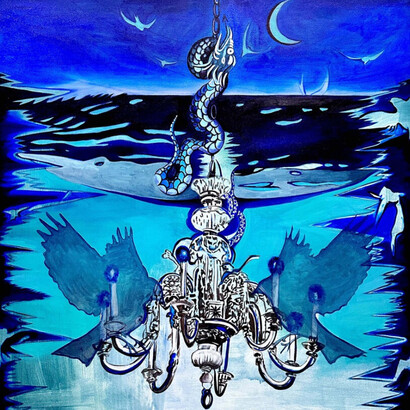 Jingqi Wang, Broken Blue, Oil and acrylic on canvas, 48 x 48 in (121.92 x 121.92 cm). Courtesy of Village OneArt
