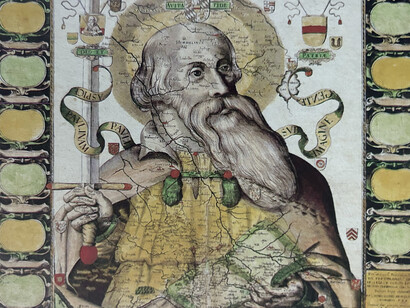 Aspice Paulinam Pauli sub imagine gente from an atlas of the archbishopric of Cologne, the Prodromus geographicus, by Johannes Michael Gigas, Cologne, c. 1620. The so-called Pauluskarte is one of the most elusive of all curiosa. (photographed from The Mapmaker's Art: A History of Cartography by John Goss, pg. 331)