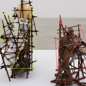 Right: Things That Do Not Sleep and Delivered Every Time, 2018, mixed media 11 x 7 x 13.5”. 
Left: Things That Do Not Sleep and Delivered Every Time, 2018, mixed media 12 x 8.5 x 17”. 

