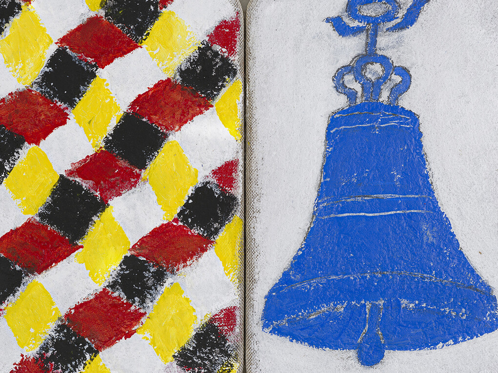 Joe Tilson, The Stones of Venice Campana di San Marco, Calle dei Fabbri Diptych, 2015, mixed media on canvas on wood panels, 23 x 30