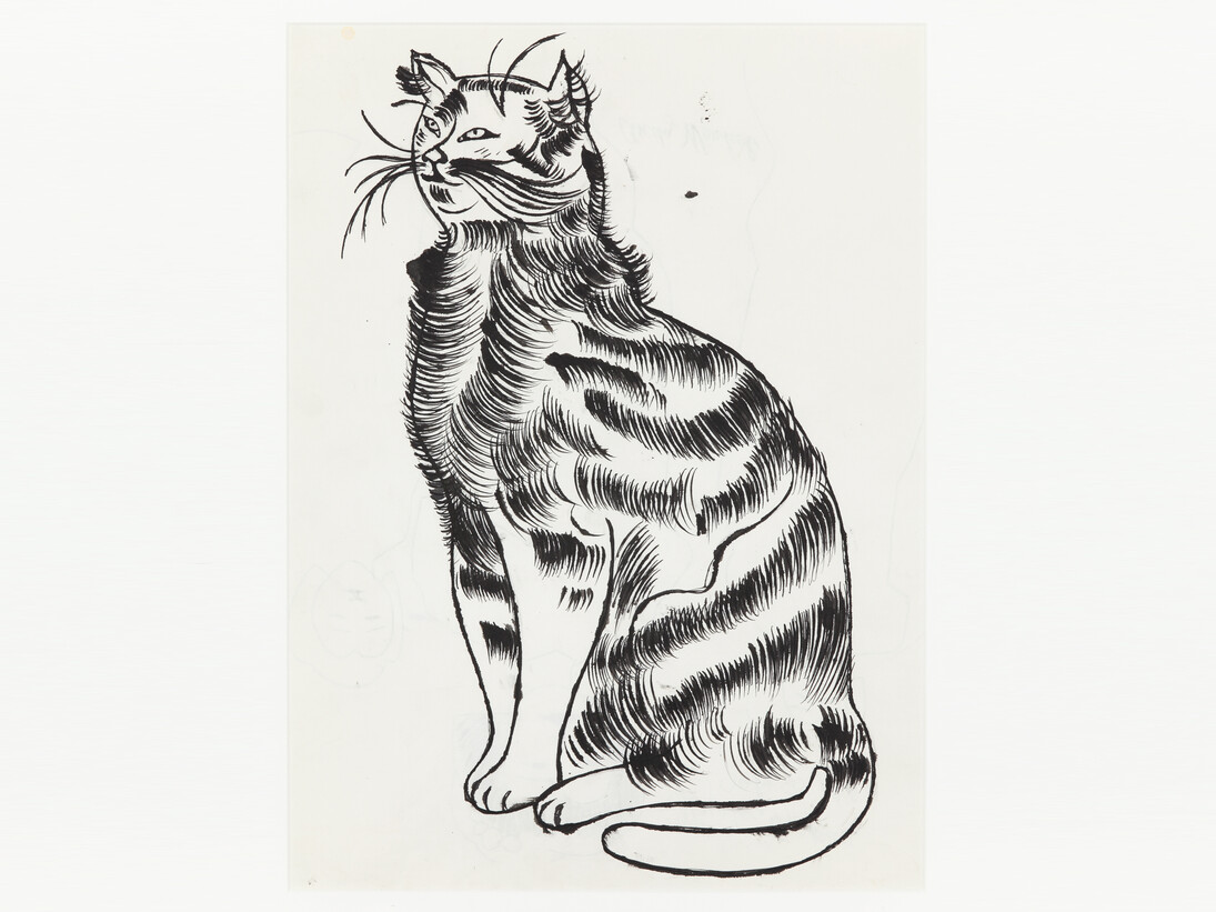 Andy Warhol, Seated Cat, c. 1956, Ink and graphite on scrap paper, 18 x 14 1/2 inches (paper) (45.7 x 36.8 cm). © The Andy Warhol Foundation for the Visual Arts, Inc. Courtesy Anton Kern Gallery, New York