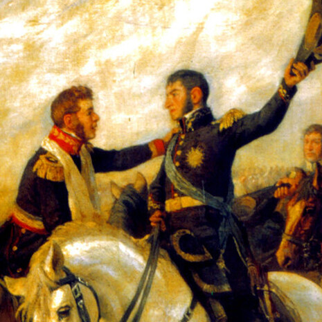 Pedro Subercaseaux, "Abrazo de Maipú", detalle que destaca las figuras de José de San Martín y Bernardo O'Higgins