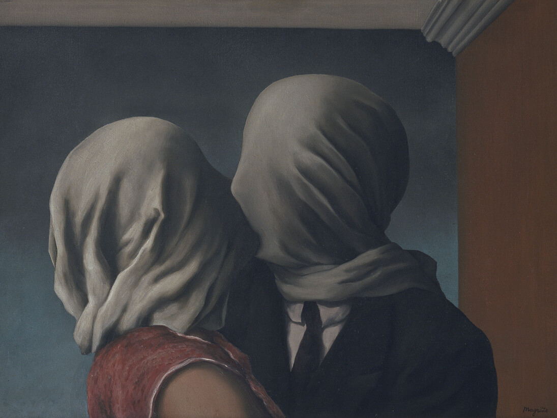 René Magritte (Belgian, 1898–1967). The Lovers (Les Amants), 1928. Oil on canvas; 54 × 73.4 cm (21 3/8 × 28 7/8 in.). Museum of Modern Art, New York. Gift of Richard S. Zeisler. © Charly Herscovici – ADAGP – ARS, 2014