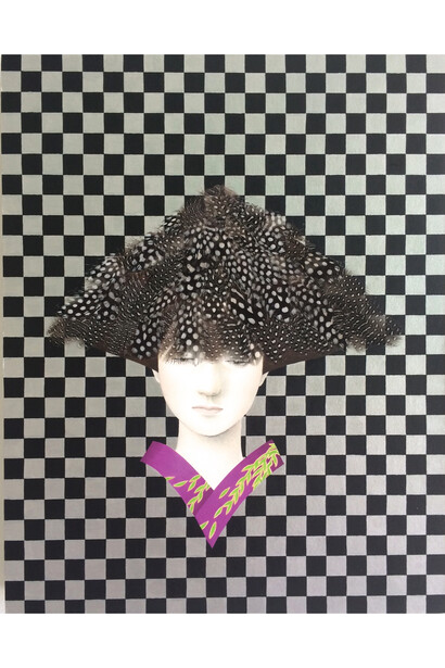 Aya Uekawa, Yoshiwara Girl (Celebrity Umbrella), 2015, Acrylic on paper and feathers on mounted wood panel, 14 x 11"