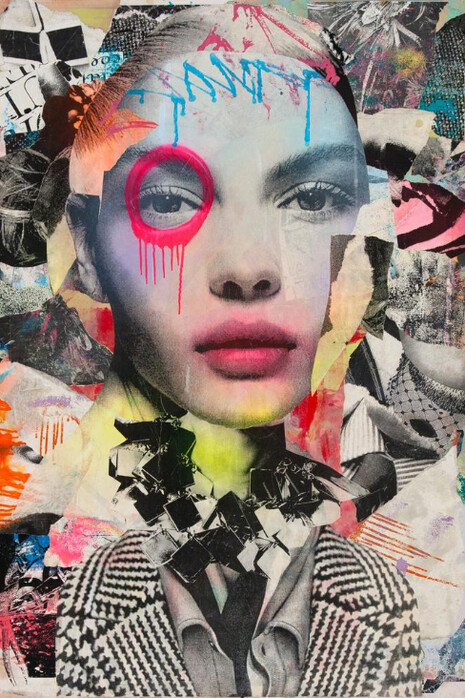 Dain, Untitled 2014, collage, spray paint, acrylic, silkscreen on panel, 60 × 48 in, 152.4 × 121.9 cm