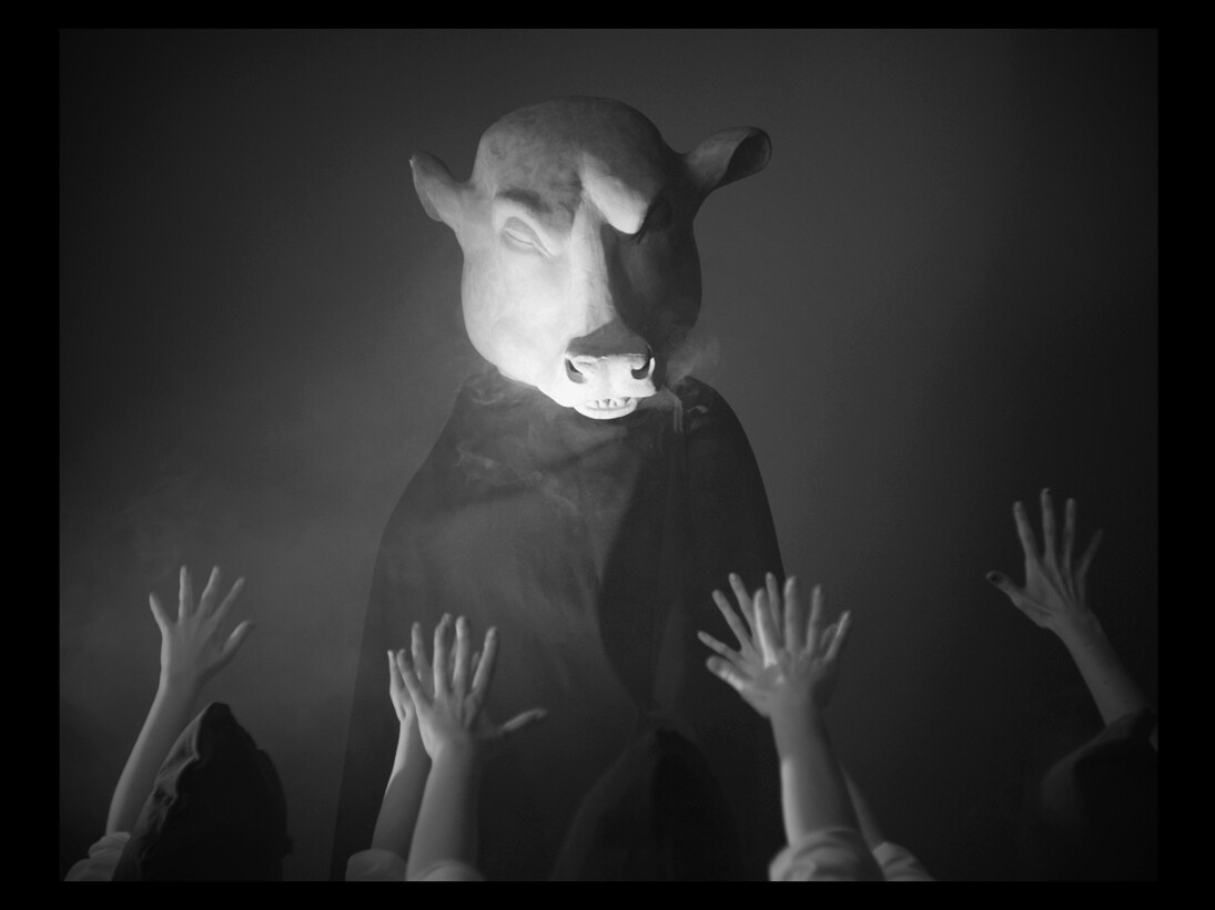 Marcel Dzama, Still for“Une danse des bouffons (or A jester’s dance)”, 2013, Video projection, 1:18 min, black and white, sound. Courtesy David Zwirner, New York/London