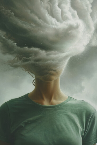 An overstimulated person struggling to think clearly, with a cloud of brain fog hanging over their head